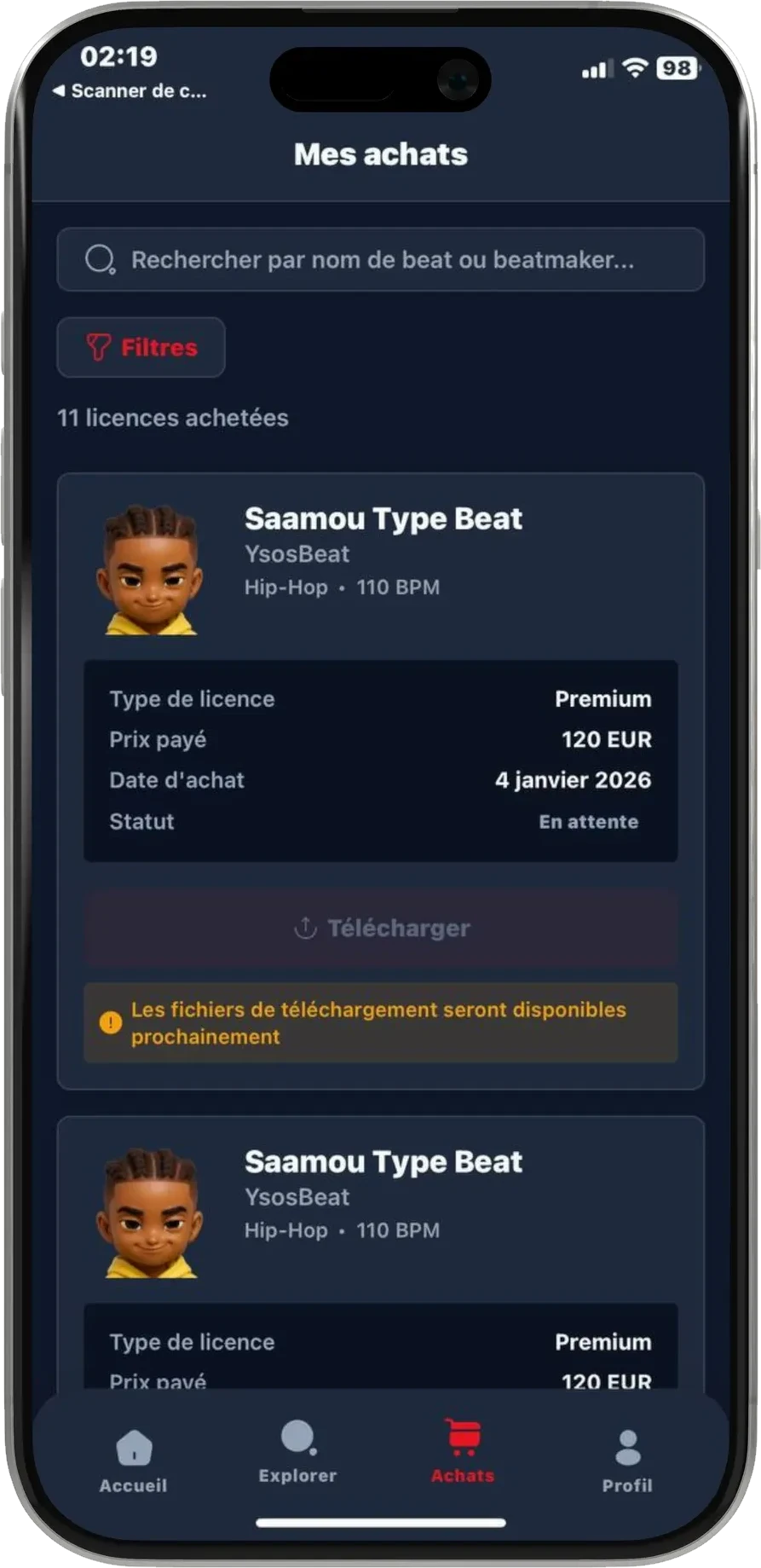 Aurify, marketplace de licences de beats — écran des achats